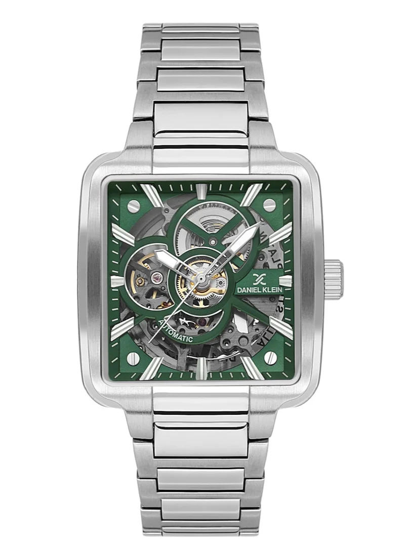 DANIEL KLEIN Men's Stainless Steel Silver Brass Case Analog Green Round Skeleton Dial Automatic Skeleton 30 Meters Water Resistant